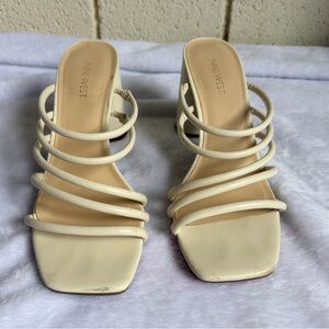 Nine West Creamy White Strappy Heeled Sandals Square Toe Block Heel Women’s 10M
